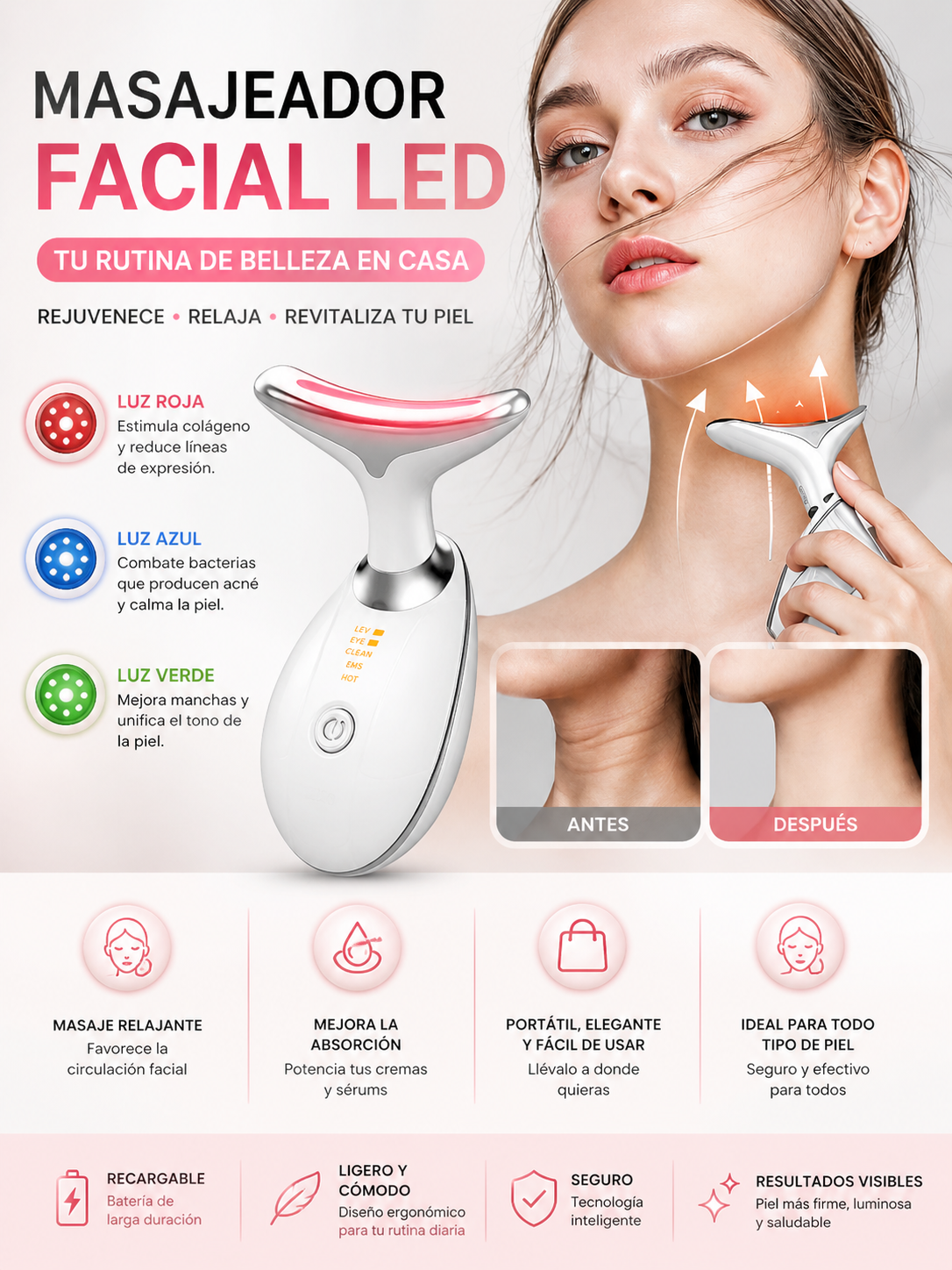 Masajeador Facial LED 3 en 1 – Rejuvenece tu piel desde casa ✨